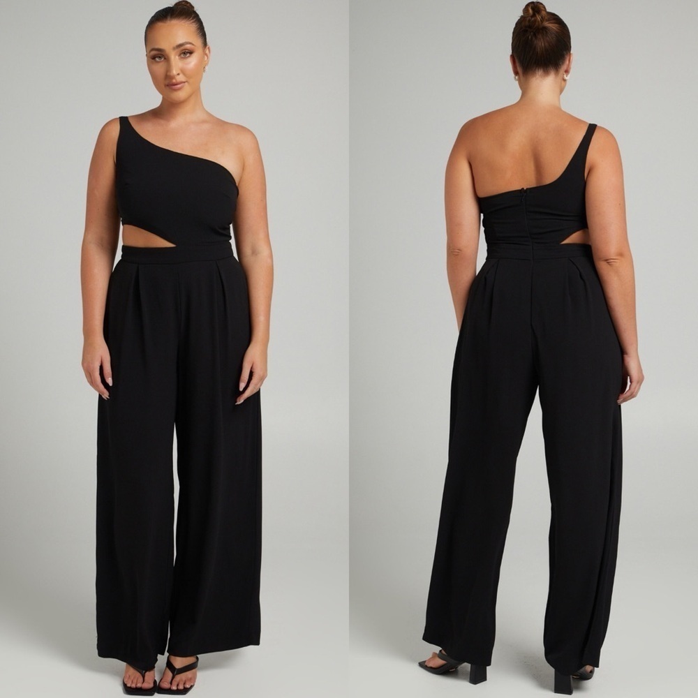 NWT Showpo Black Cut Out One Shoulder Jumpsuit Size 2 Wide Leg Cocktail Capsule